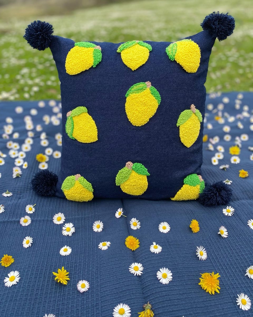 Lacivert denim üzerine yeşil yapraklı sarı punch nakış limonlar ve köşe ponponları olan kırlent
